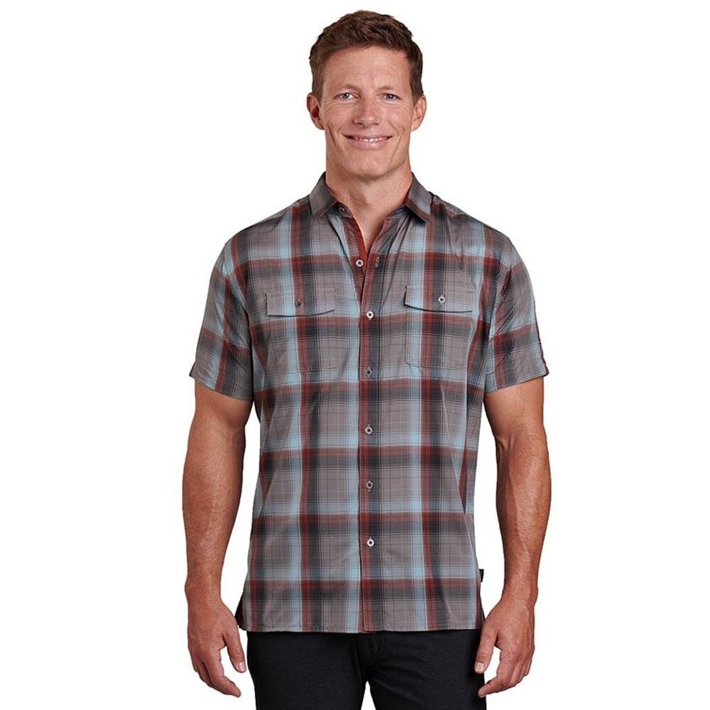 Kuhl Response Shirt Men’s M Plaid Button Down Short Sleeve Red Gray Black Hiking